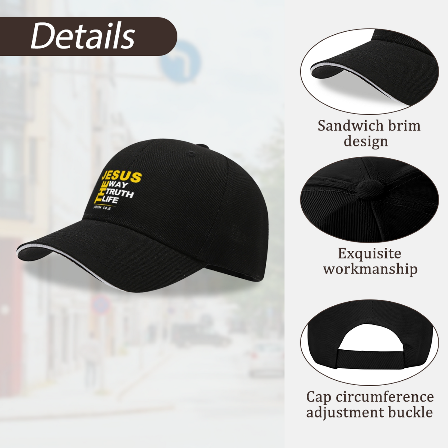 JESUS THE WAY TRUTH LIFE Black Sandwich Brim Baseball Cap Christian Faith Hat