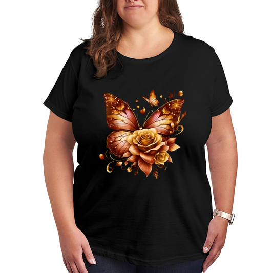 Warm Amber Butterfly & Golden Rose Plus Size Women Printed T-Shirt