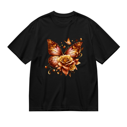 Warm Amber Butterfly & Golden Rose Plus Size Women Printed T-Shirt