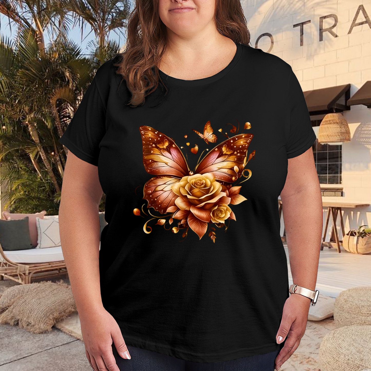 Warm Amber Butterfly & Golden Rose Plus Size Women Printed T-Shirt