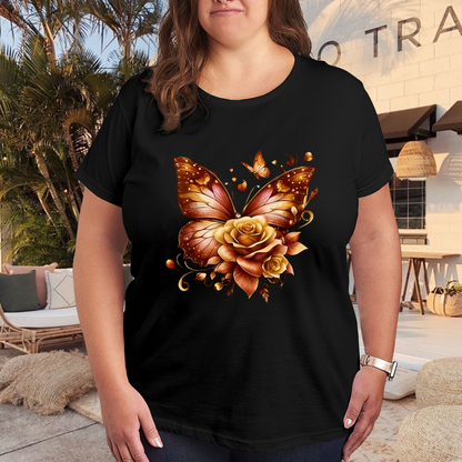 Warm Amber Butterfly & Golden Rose Plus Size Women Printed T-Shirt
