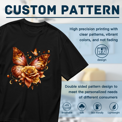 Warm Amber Butterfly & Golden Rose Plus Size Women Printed T-Shirt