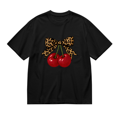Y2K Leopard Bow Red Cherry Cute Graphic Plus Size Women Printed T-Shirt
