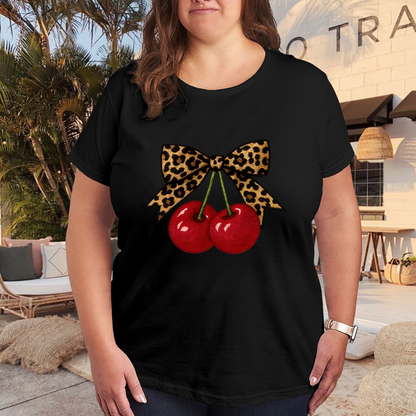 Y2K Leopard Bow Red Cherry Cute Graphic Plus Size Women Printed T-Shirt