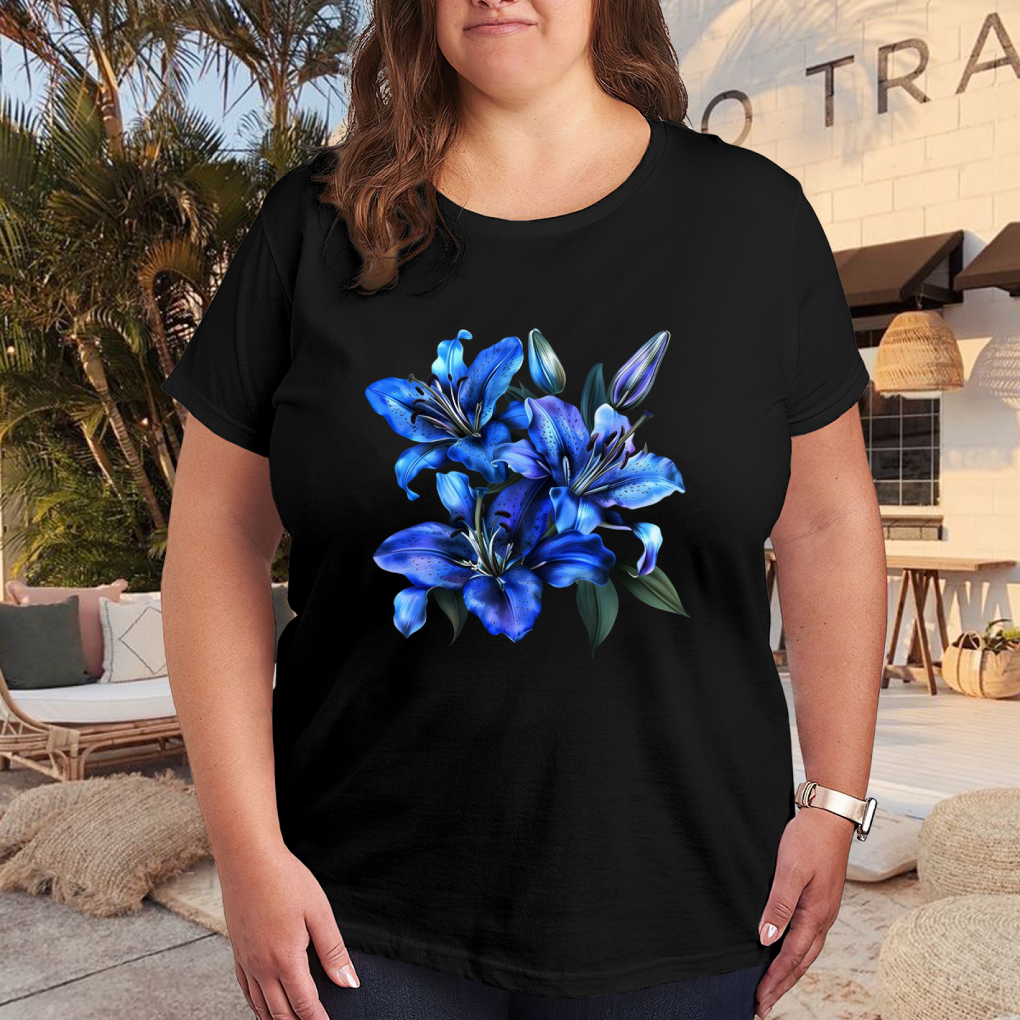 Stunning Dark Blue Lily Floral Aesthetic Plus Size Women's Printed T-Shirt