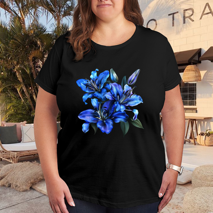 Stunning Dark Blue Lily Floral Aesthetic Plus Size Women's Printed T-Shirt