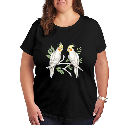 Watercolor Cockatiel Pair Green Branch Nature Print Plus Size Women¡¯s Soft Tee