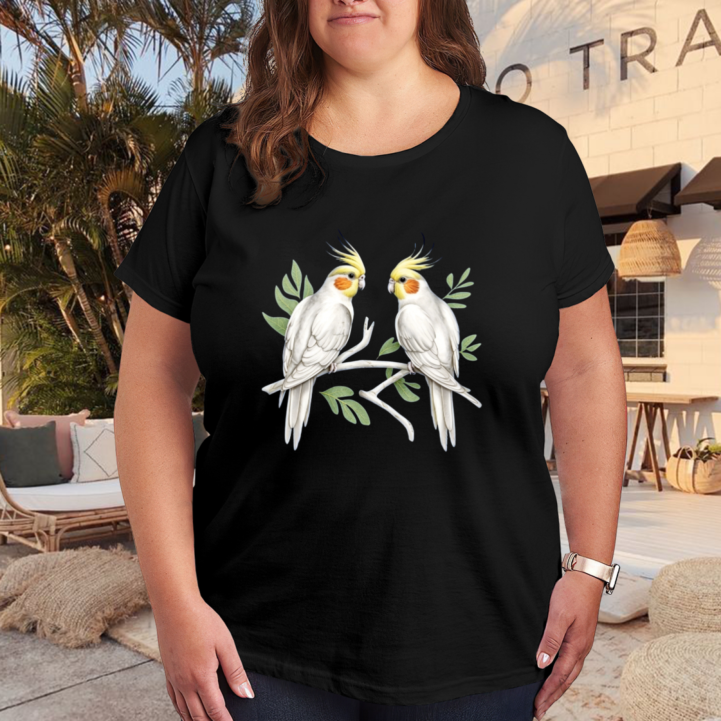 Watercolor Cockatiel Pair Green Branch Nature Print Plus Size Women¡¯s Soft Tee