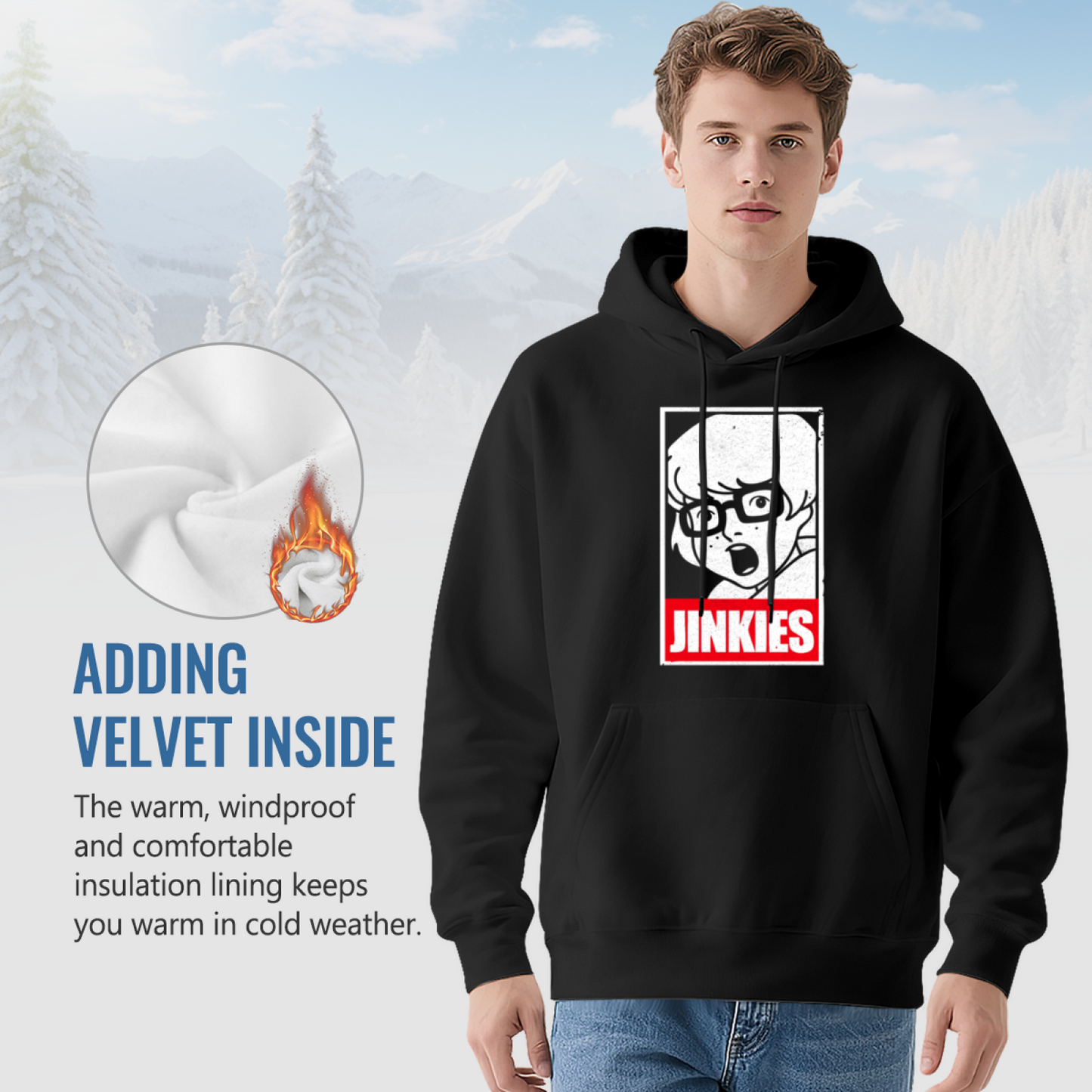 Retro JINKIES Velma Cartoon Graphic Black Hoodie, Casual Comfort Sweatshirt For Fans