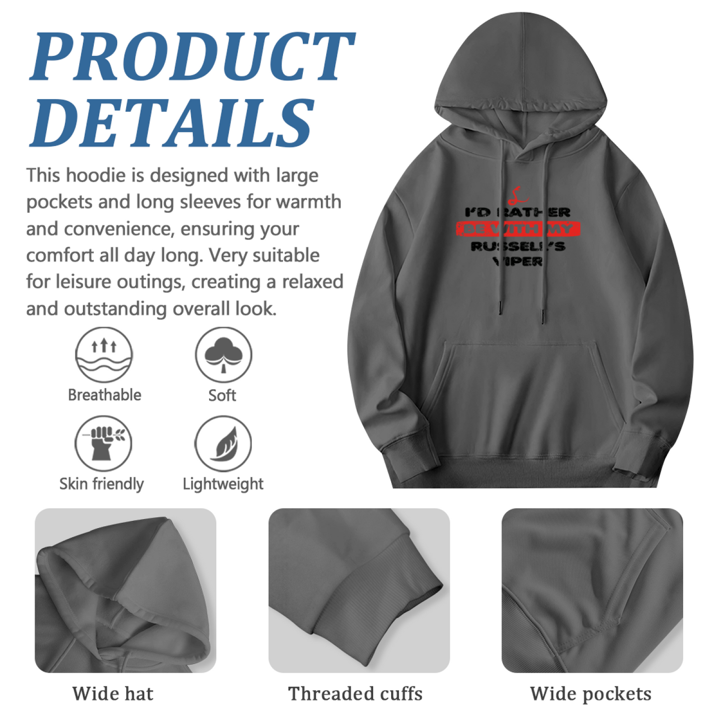 Car Enthusiast Russell¡¯s Viper Graphic Gray Hoodie, Men Relax Fit Hooded Top