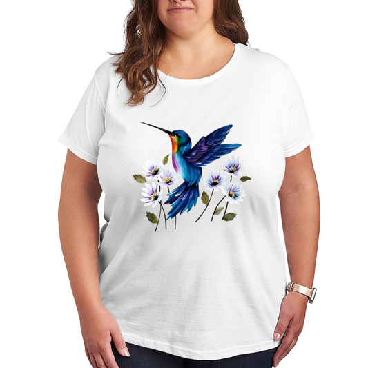 Shiny Blue Hummingbird Wildflower Plus Size Women¡¯s Fashion Printed T-Shirt