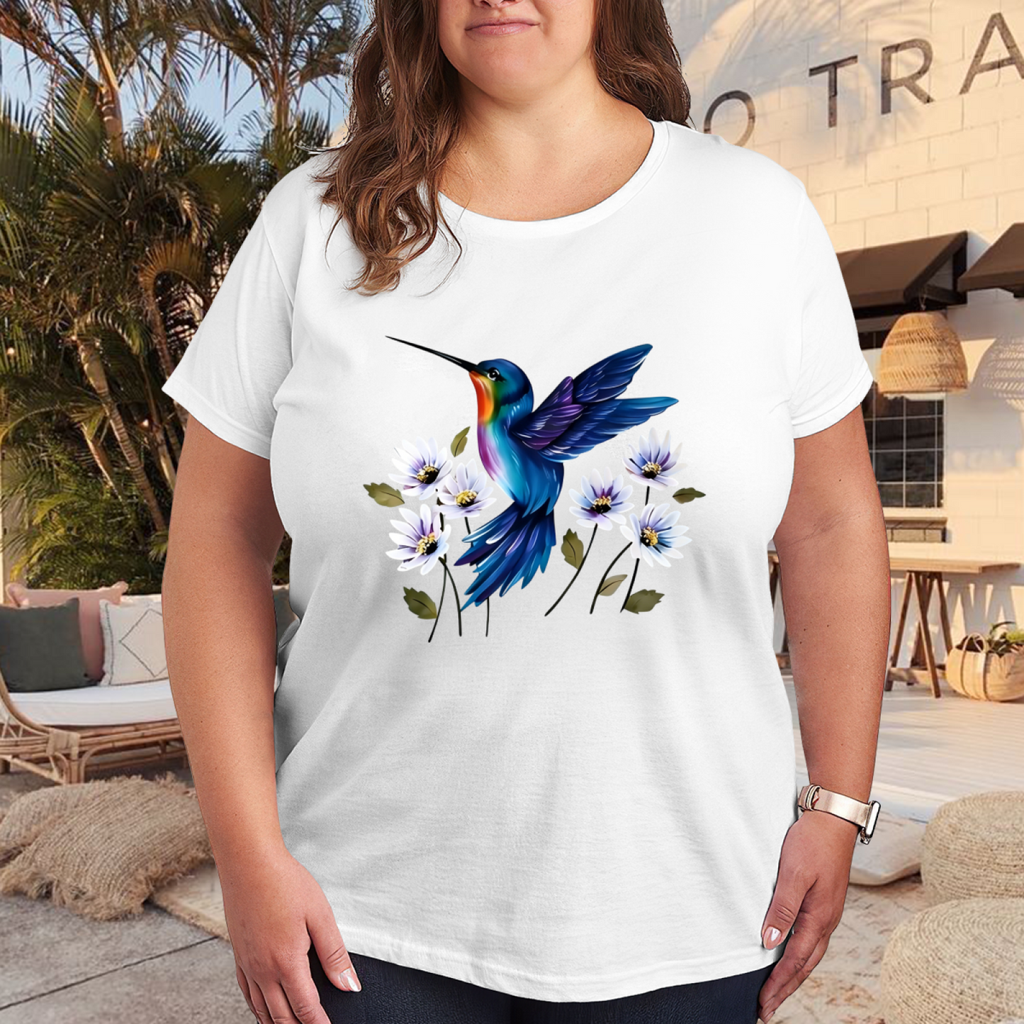 Shiny Blue Hummingbird Wildflower Plus Size Women¡¯s Fashion Printed T-Shirt