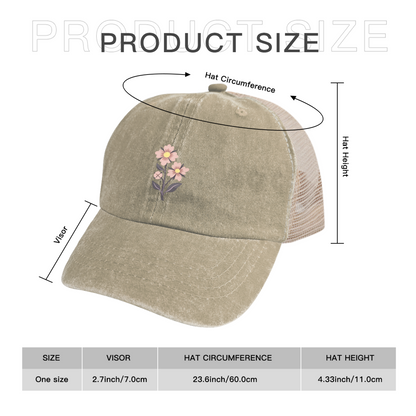Soft Pink Wildflower Bouquet Khaki Distressed Mesh Trucker Hat ¨C Gentle Botanical Women Cap