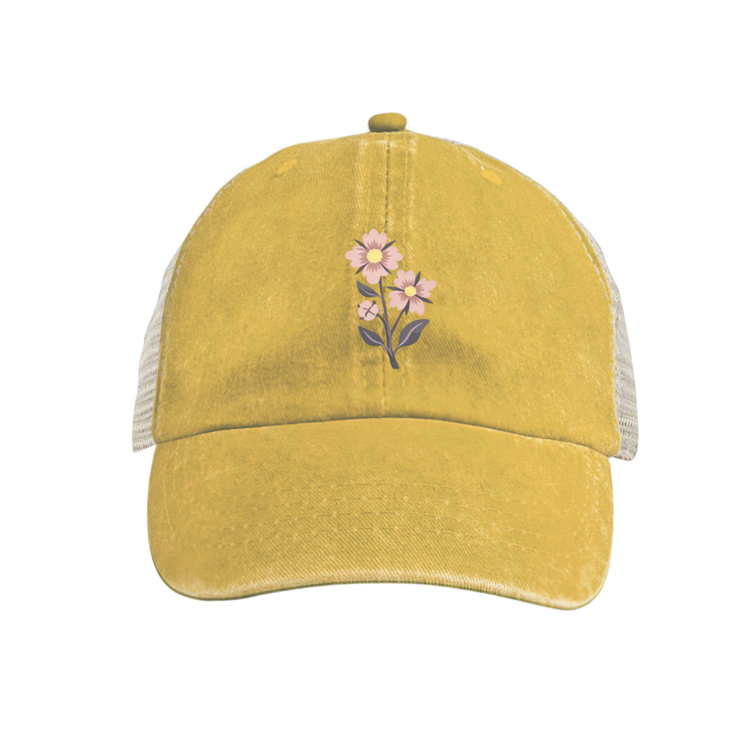Soft Pink Wildflower Bouquet Khaki Distressed Mesh Trucker Hat ¨C Gentle Botanical Women Cap
