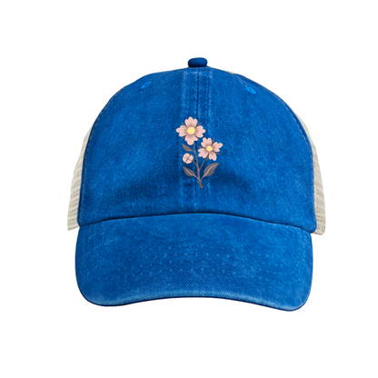 Soft Pink Wildflower Bouquet Khaki Distressed Mesh Trucker Hat ¨C Gentle Botanical Women Cap