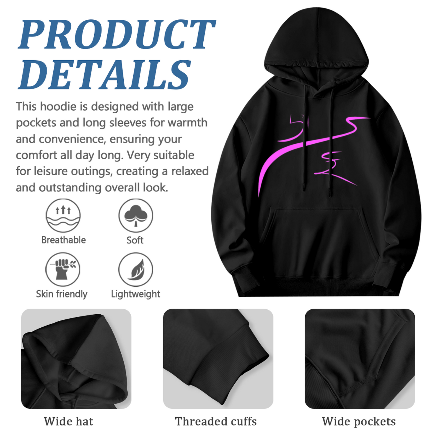 Pink Abstract Curve Art Hoodie, Lightweight Cozy Outfit