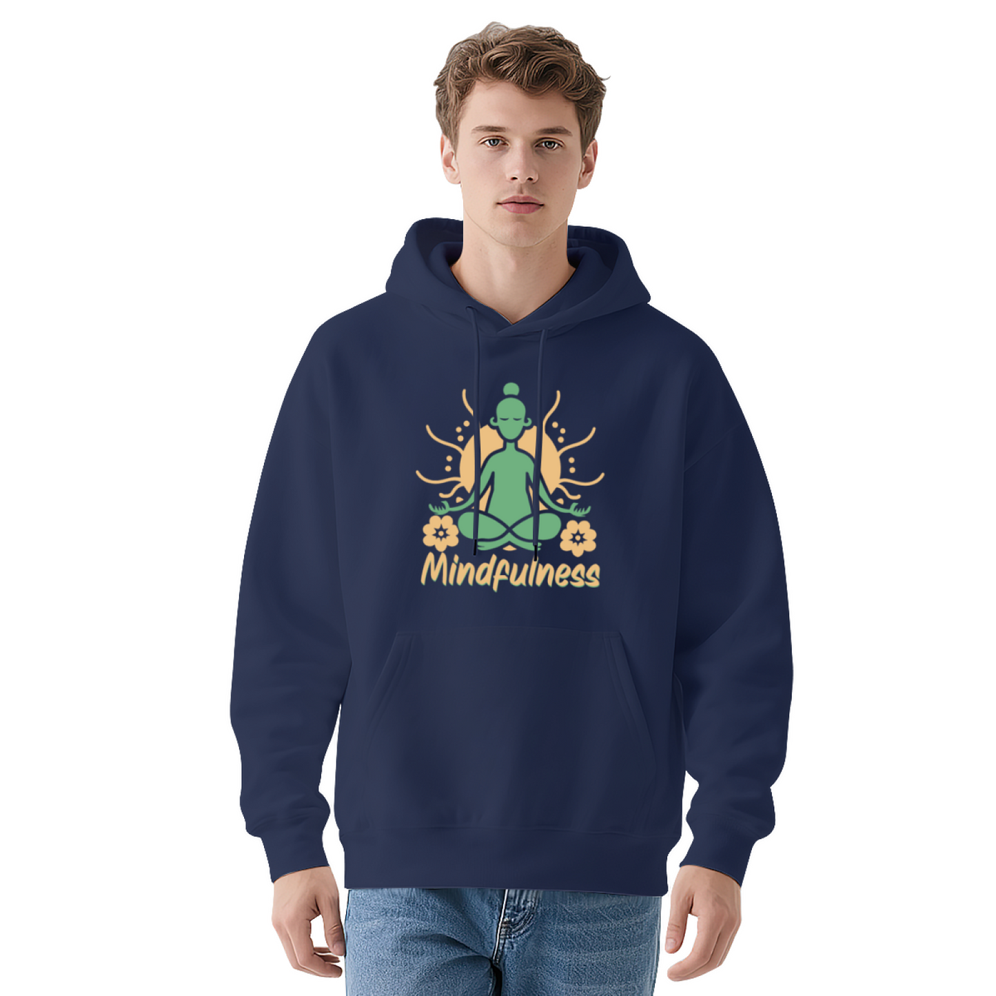 Mindfulness Meditation Yoga Figure Navy Hoodie, Relax Cozy Spiritual Daily Top