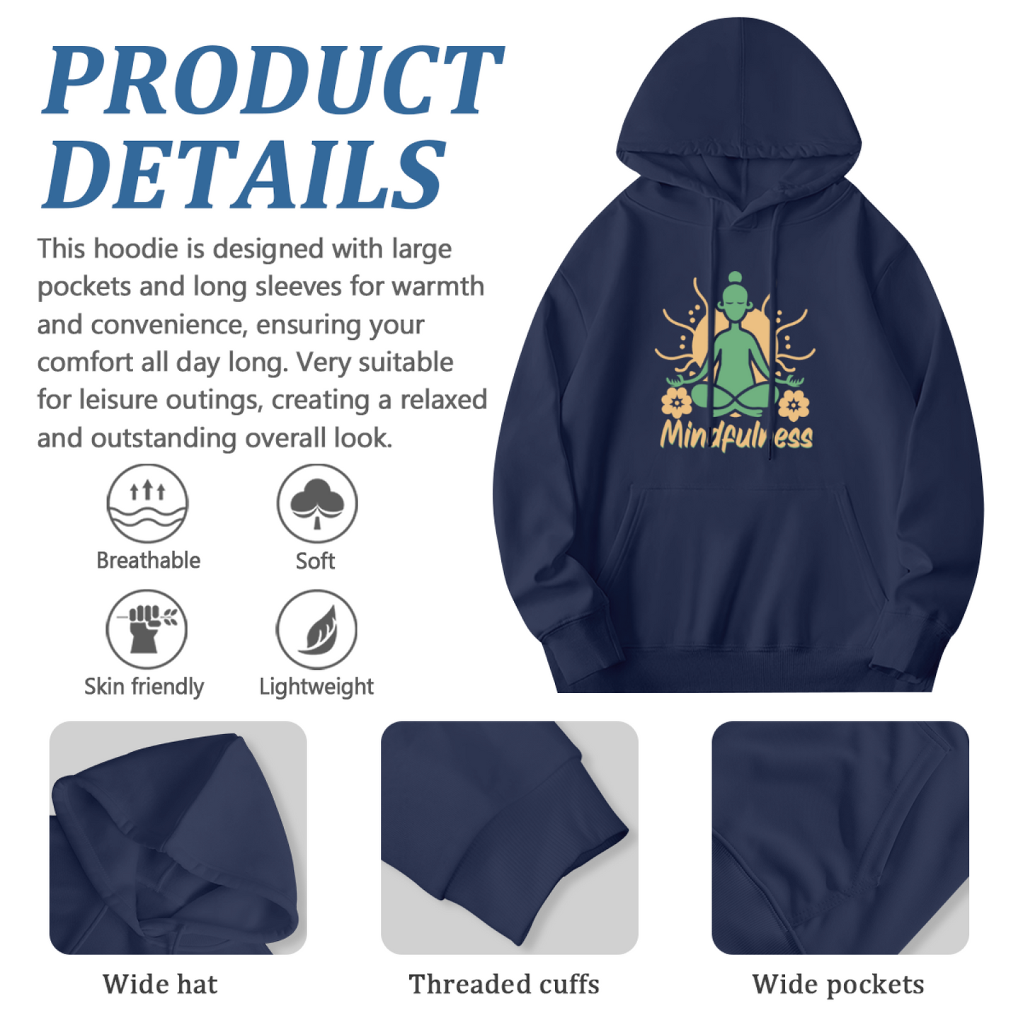 Mindfulness Meditation Yoga Figure Navy Hoodie, Relax Cozy Spiritual Daily Top