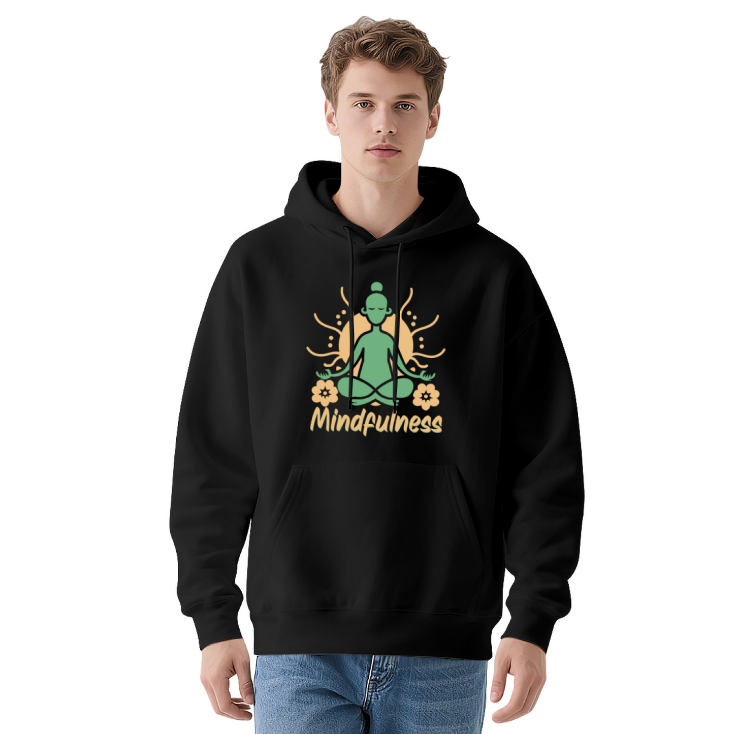 Mindfulness Meditation Yoga Figure Navy Hoodie, Relax Cozy Spiritual Daily Top