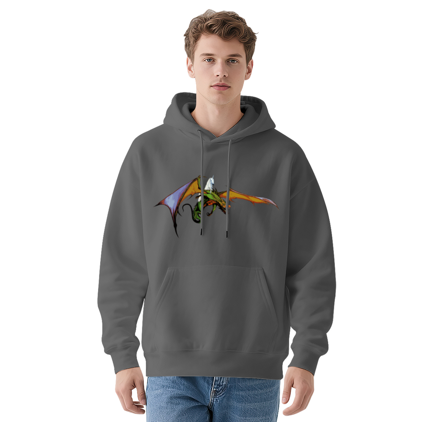 Dragon & Unicorn Fantasy Comfort Black Hoodie, Unique Graphic Pullover