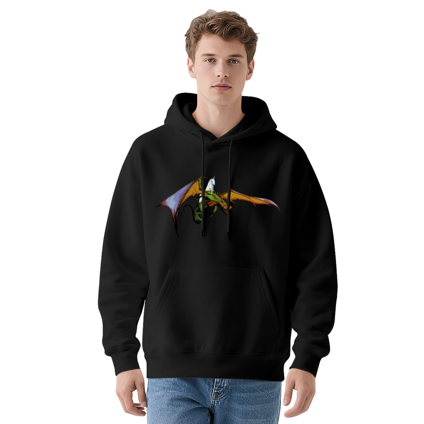 Dragon & Unicorn Fantasy Comfort Black Hoodie, Unique Graphic Pullover
