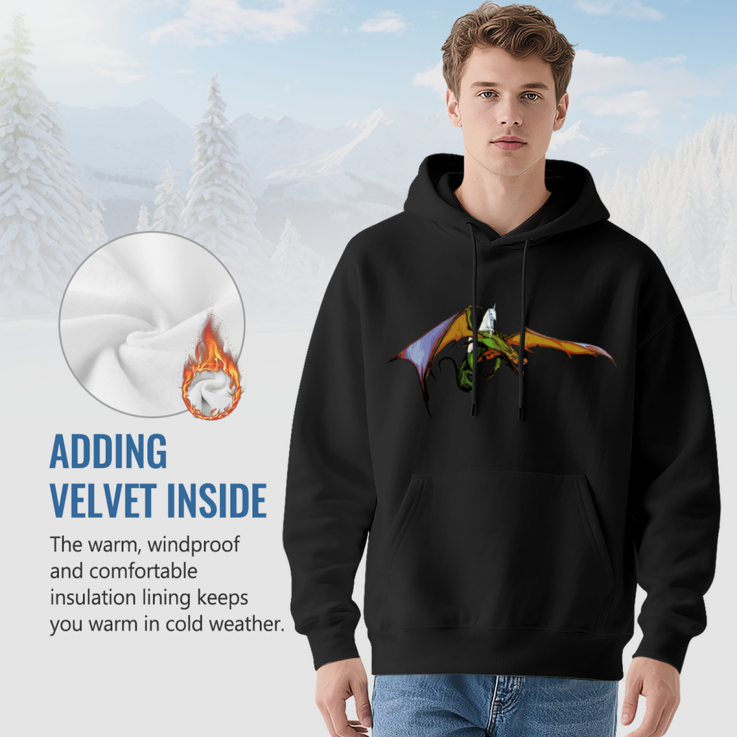 Dragon & Unicorn Fantasy Comfort Black Hoodie, Unique Graphic Pullover