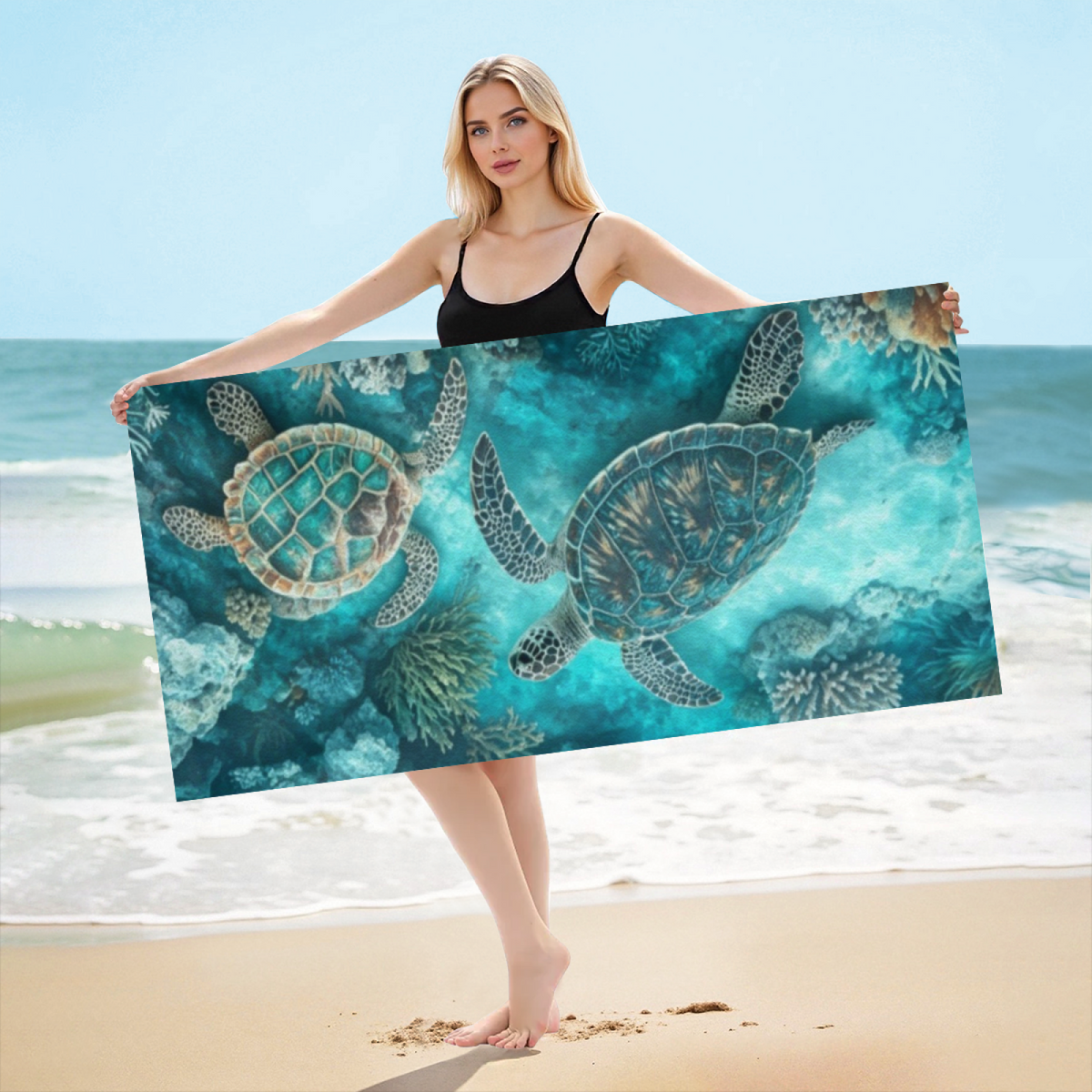 Realistic Deep Sea Coral Twin Sea Turtle Beach Towel, Extra Cozy Soft & Super Absorbent, Multi Size Choices, Comfortable Ocean?Themed Towel for Snorkeling Trip
