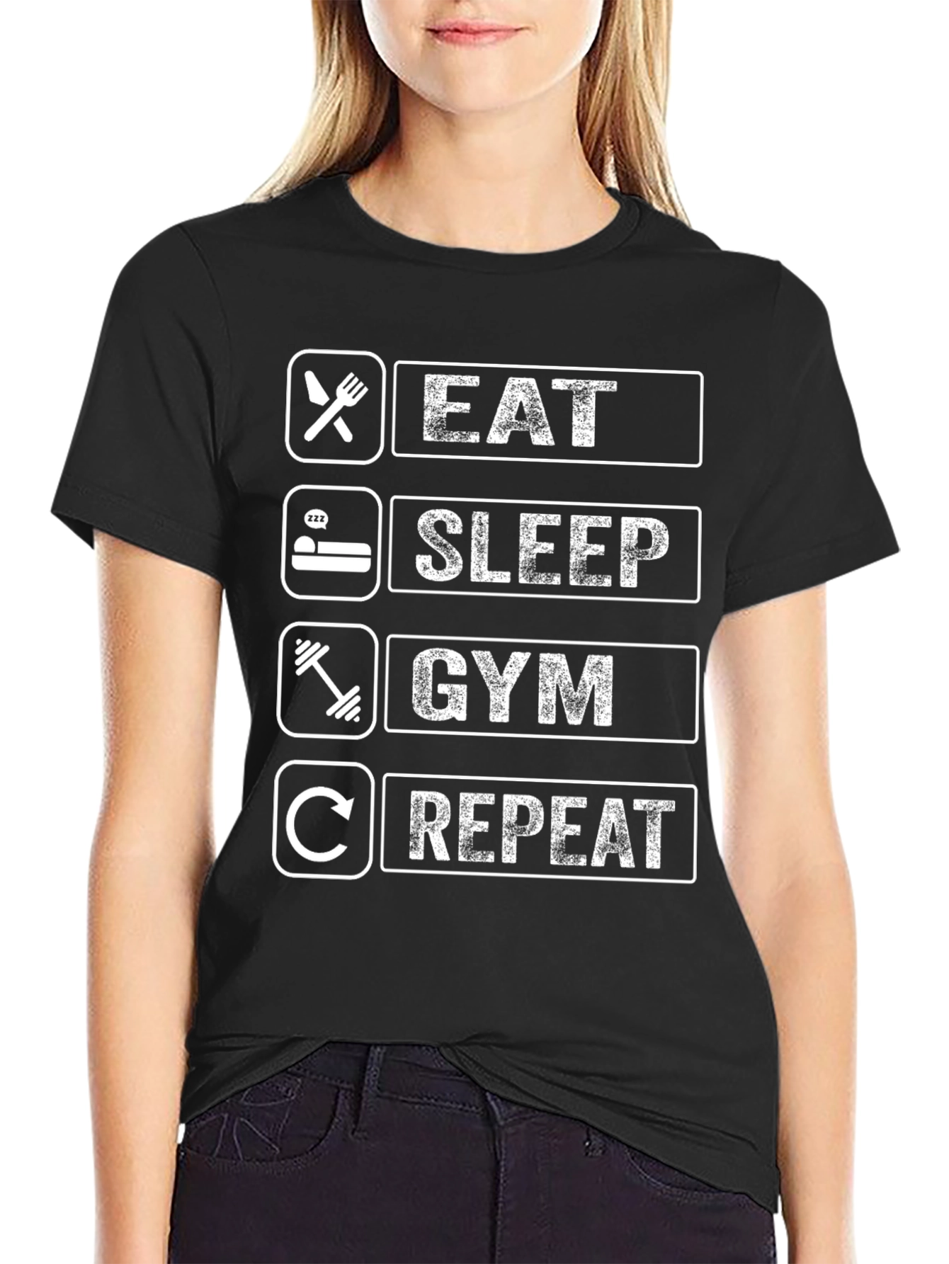 Eat Sleep Gym Repeat Black Graphic Tee