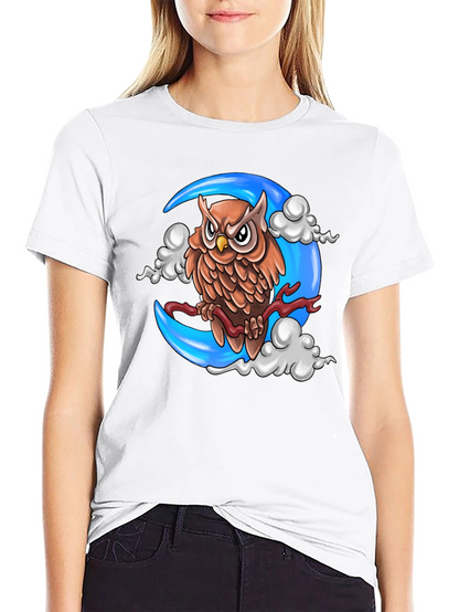 Owl on Moon Graphic T-Shirt - Black