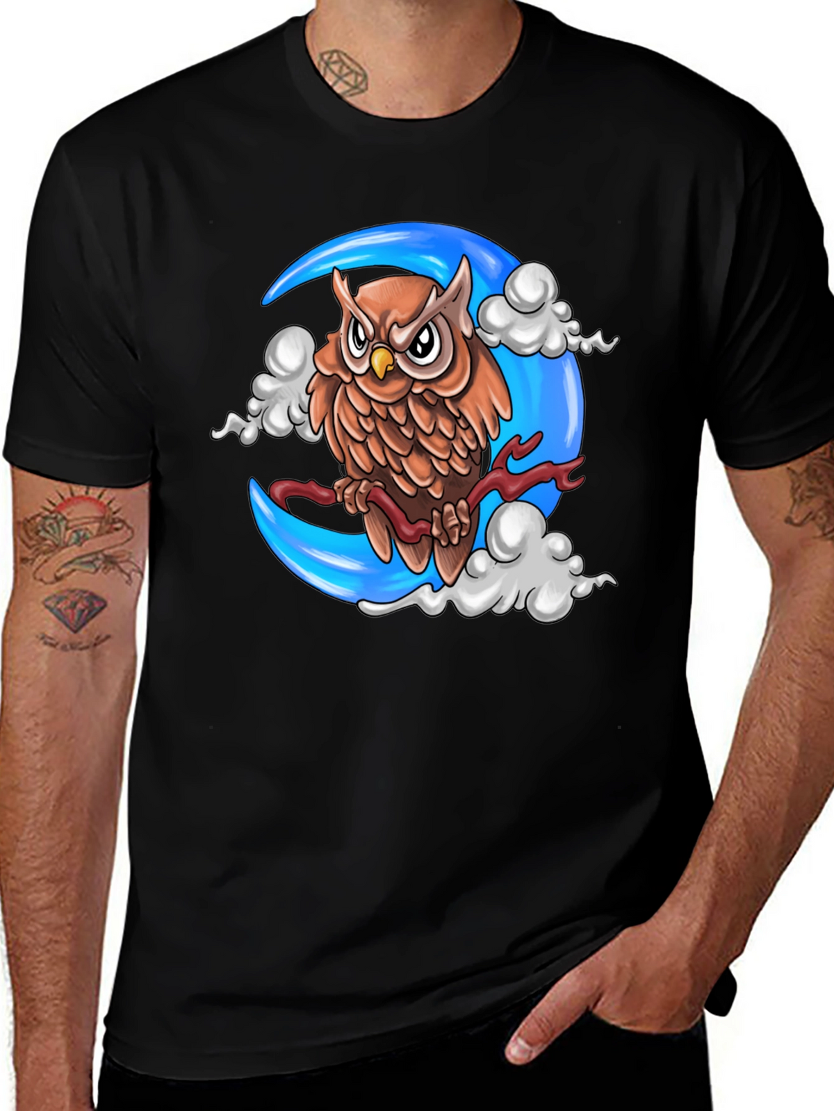 Owl on Moon Graphic T-Shirt - Black