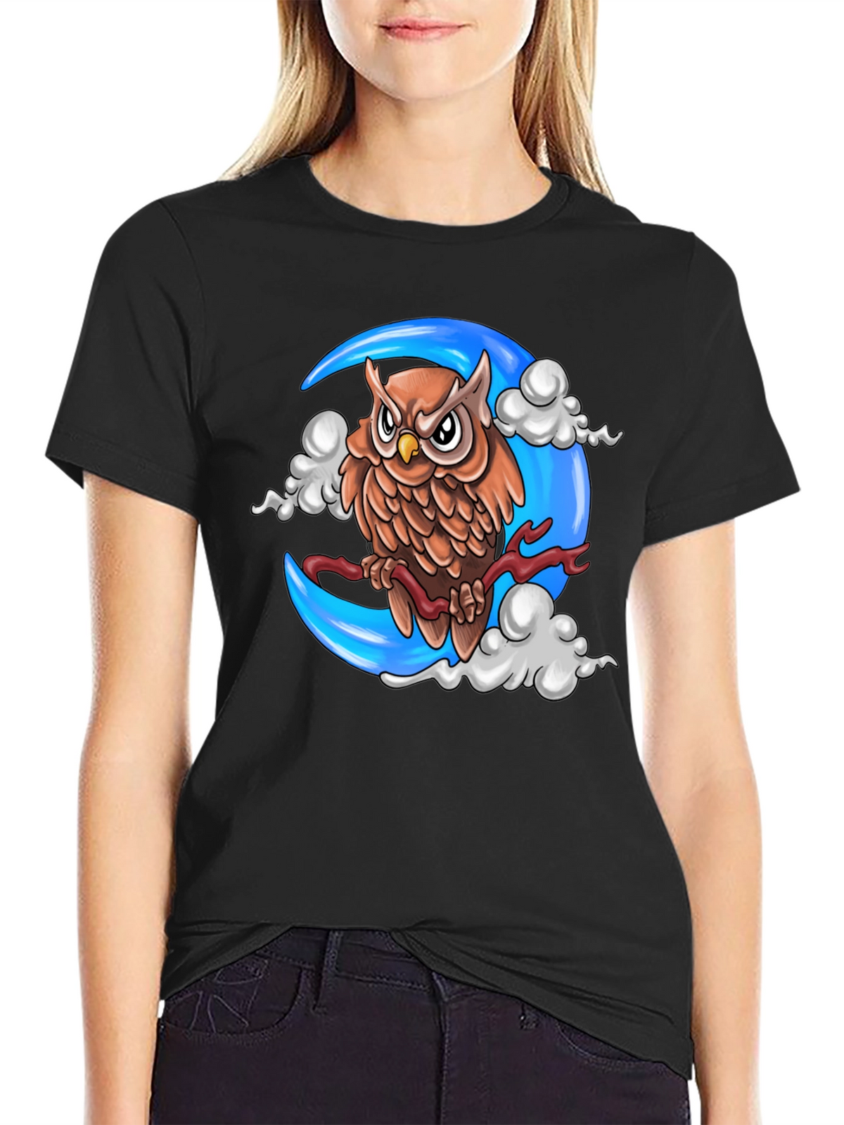 Owl on Moon Graphic T-Shirt - Black