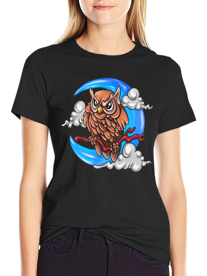 Owl on Moon Graphic T-Shirt - Black
