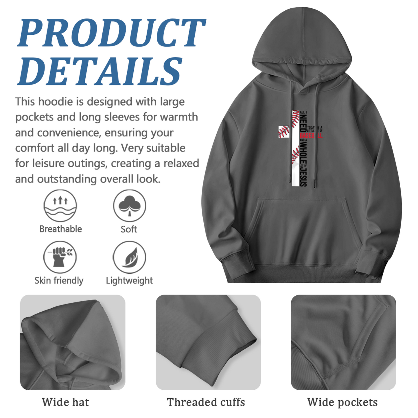 Faith & Baseball Cross Graphic Gray Hoodie, Soft & Comfortable Daily Pullover