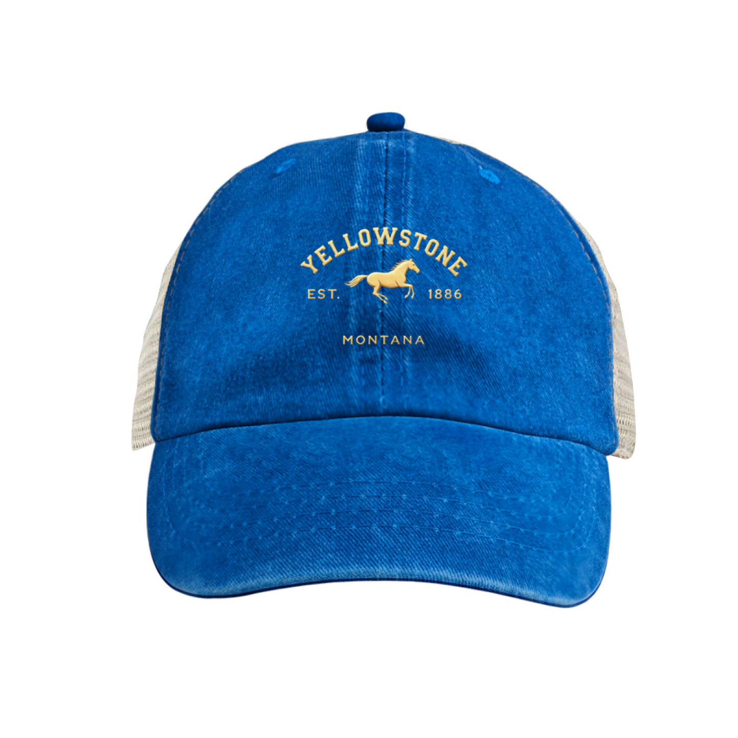 Yellowstone Montana Horse Bright Blue Washed Mesh Trucker Cap, Western Vintage Breathable Hat
