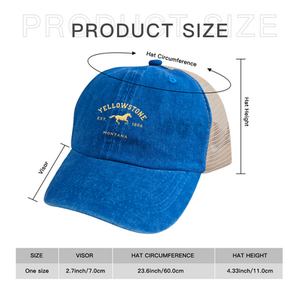 Yellowstone Montana Horse Bright Blue Washed Mesh Trucker Cap, Western Vintage Breathable Hat