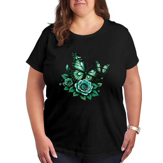 Emerald Green Roses & Glitter Butterflies Gothic Plus Size Women Printed T-Shirt