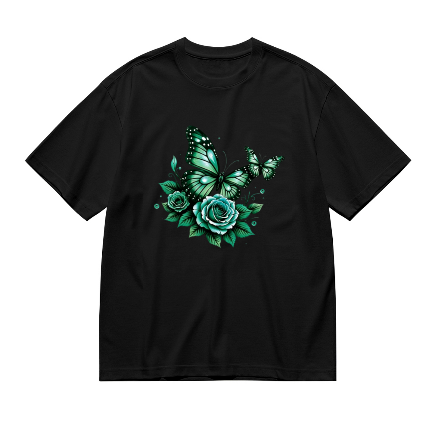 Emerald Green Roses & Glitter Butterflies Gothic Plus Size Women Printed T-Shirt
