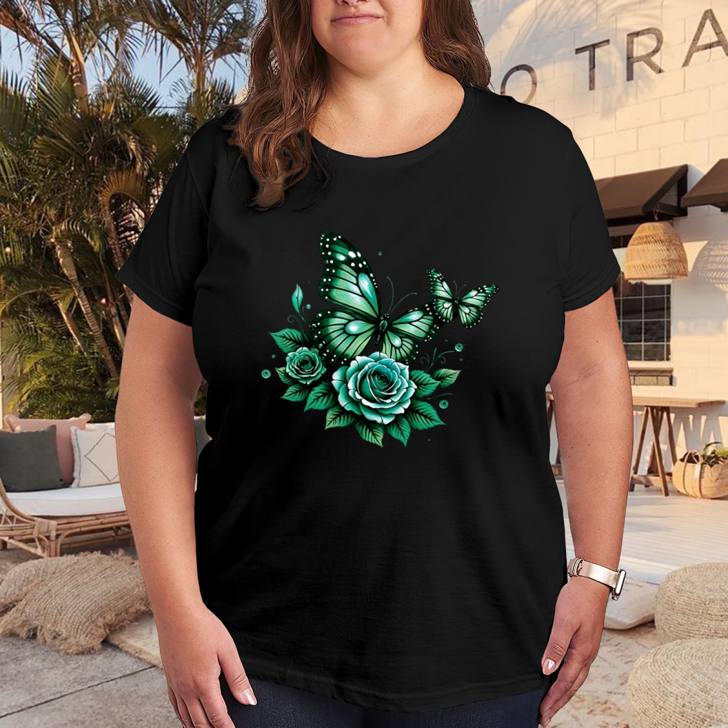 Emerald Green Roses & Glitter Butterflies Gothic Plus Size Women Printed T-Shirt