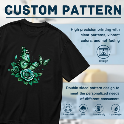 Emerald Green Roses & Glitter Butterflies Gothic Plus Size Women Printed T-Shirt