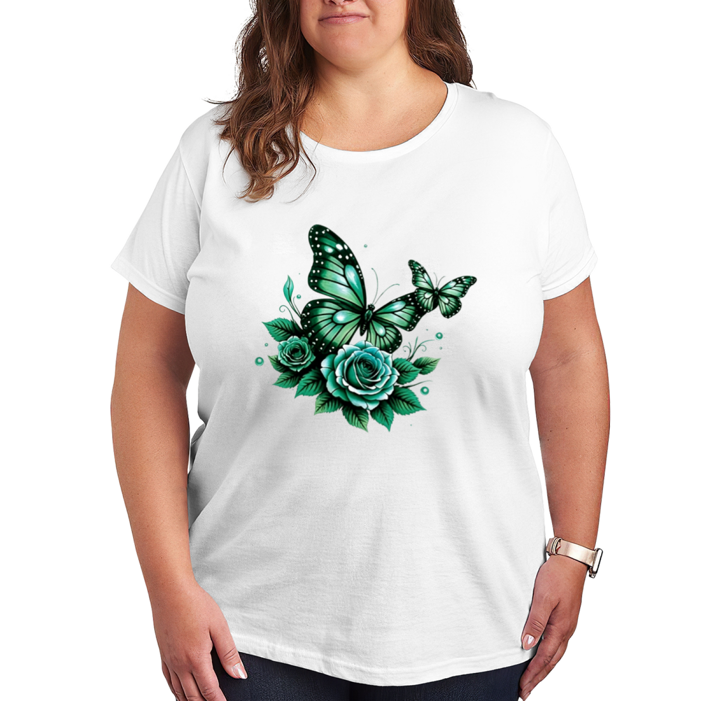 Emerald Green Roses & Glitter Butterflies Gothic Plus Size Women Printed T-Shirt