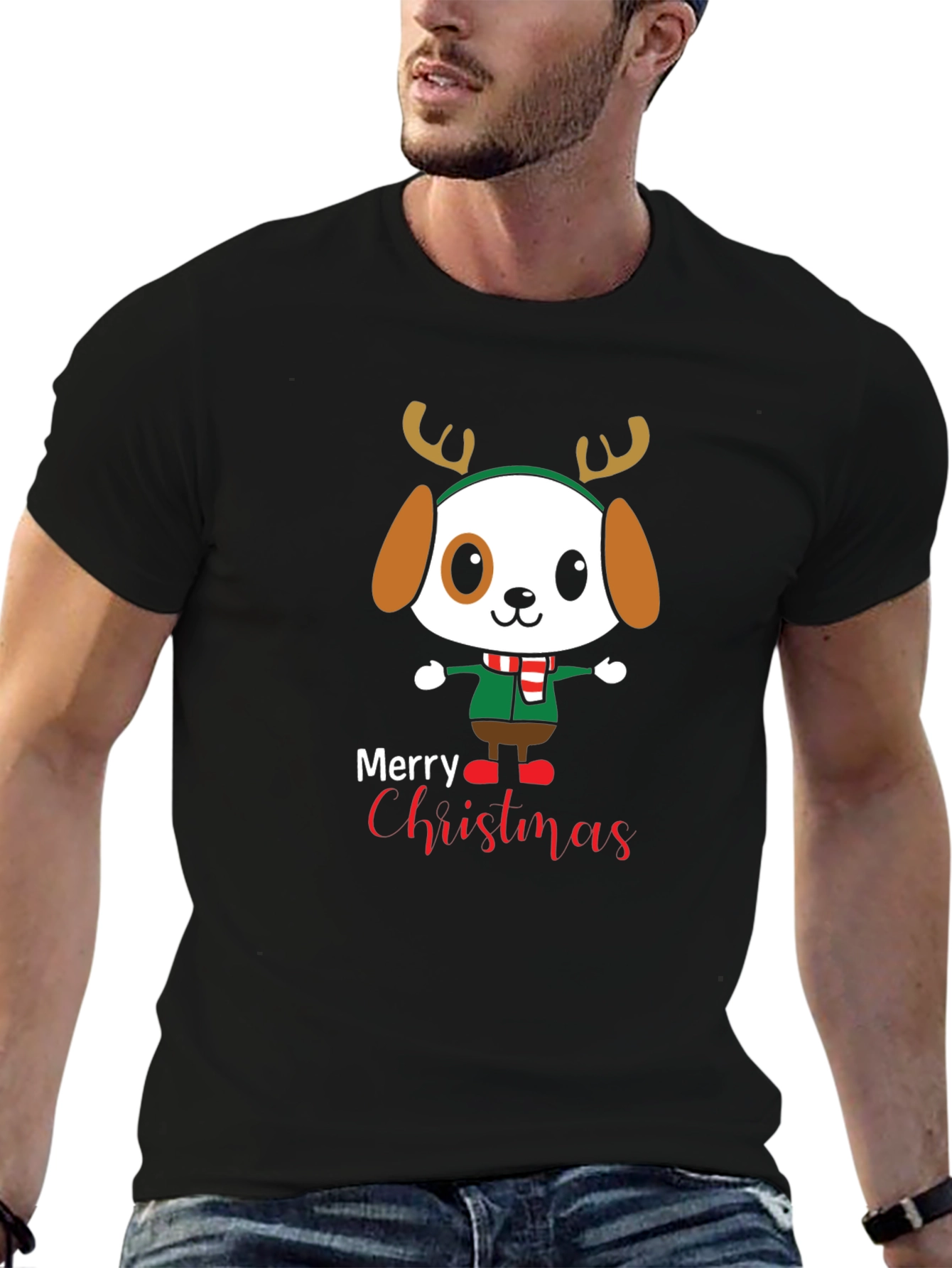Cute Cartoon Dog Merry Christmas Graphic T-Shirt