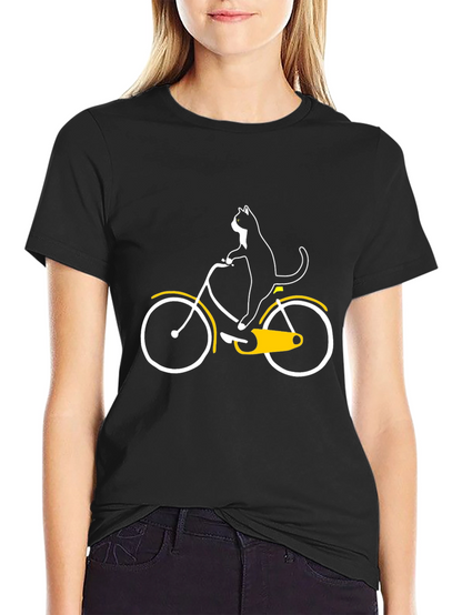 Cat on Bike Graphic Tee - Black Cotton T-Shirt