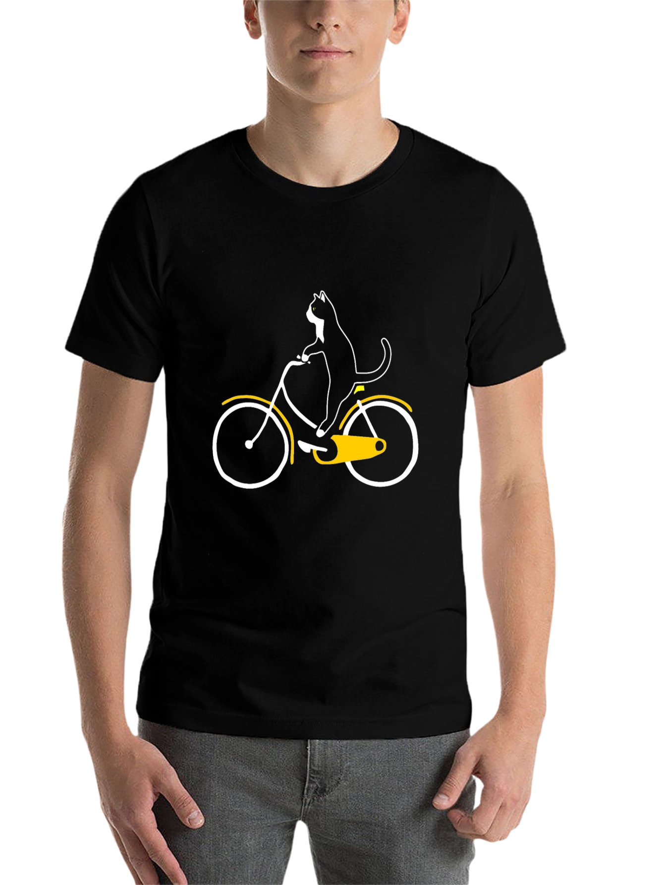 Cat on Bike Graphic Tee - Black Cotton T-Shirt