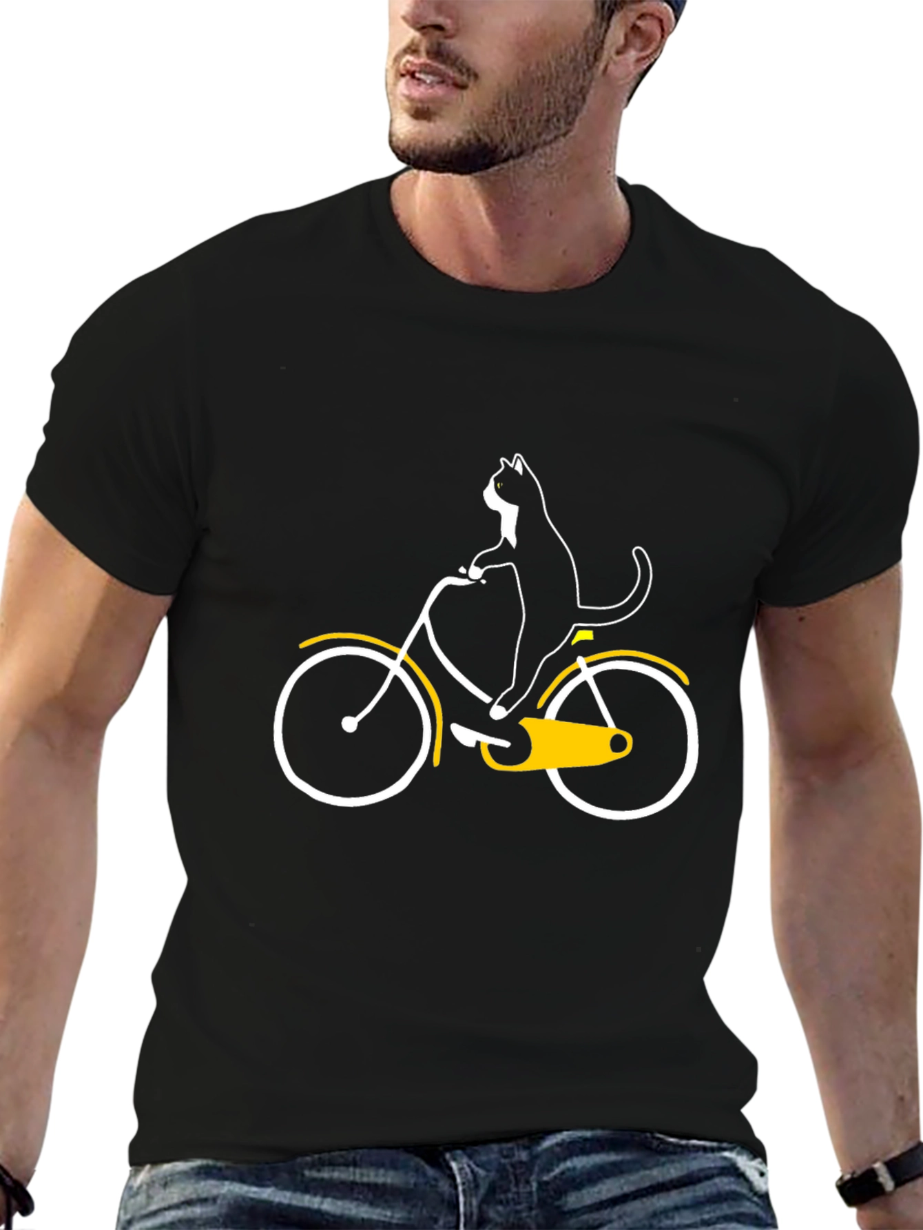 Cat on Bike Graphic Tee - Black Cotton T-Shirt