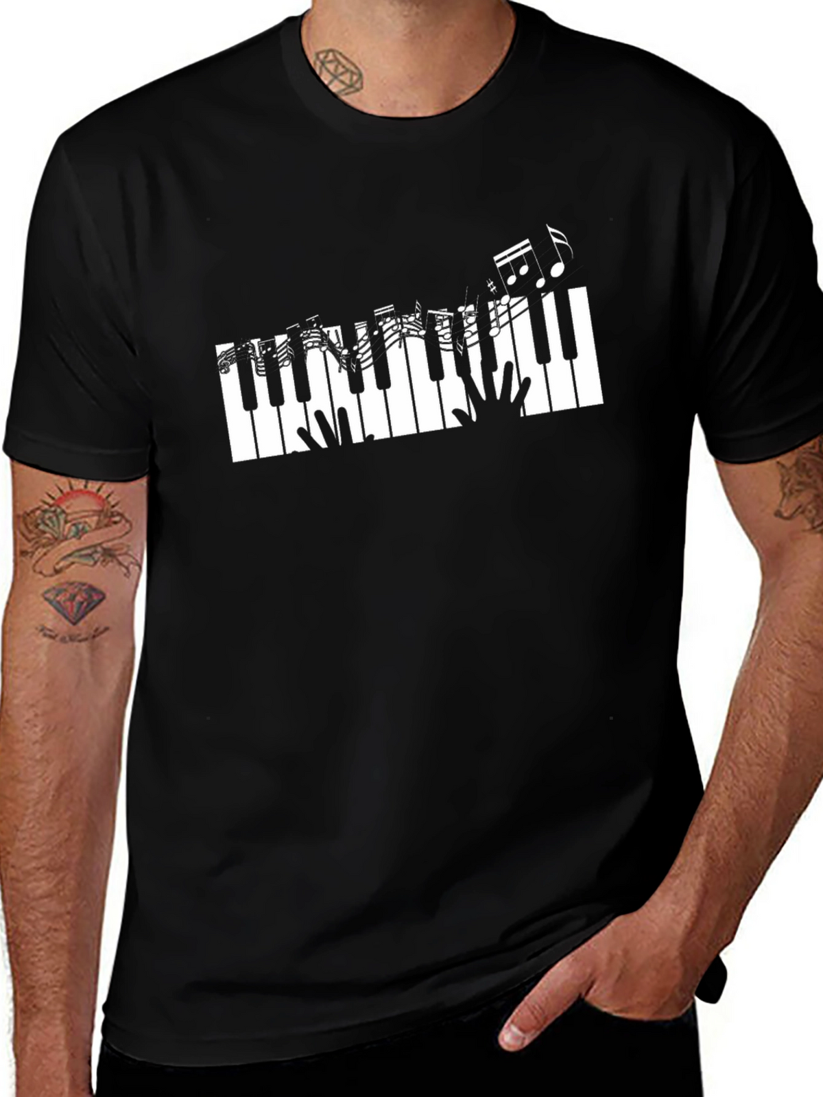 Piano Keys & Music Notes Graphic Black T-Shirt