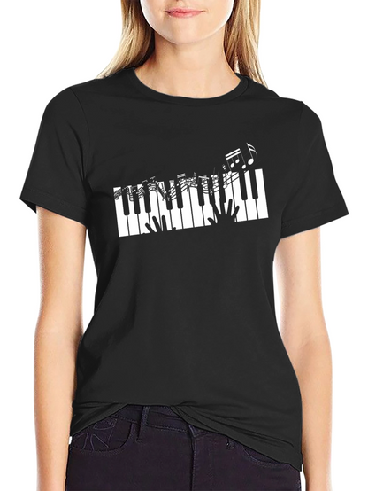 Piano Keys & Music Notes Graphic Black T-Shirt