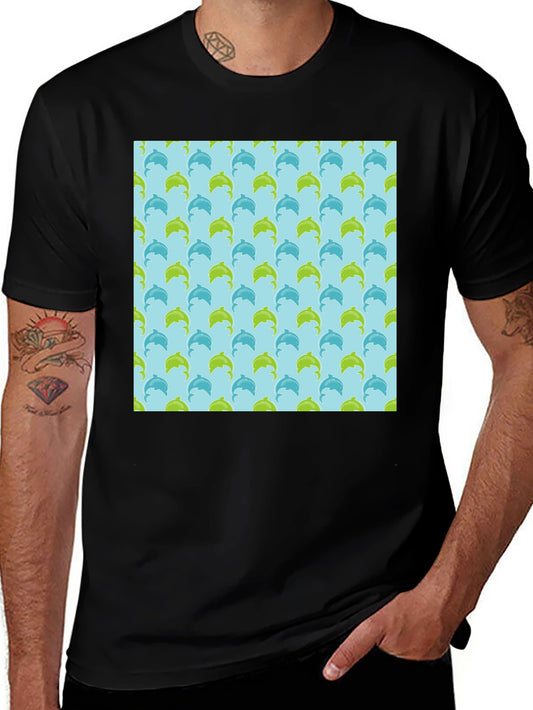 Dolphin Pattern Tee - Black Short Sleeve Casual Shirt