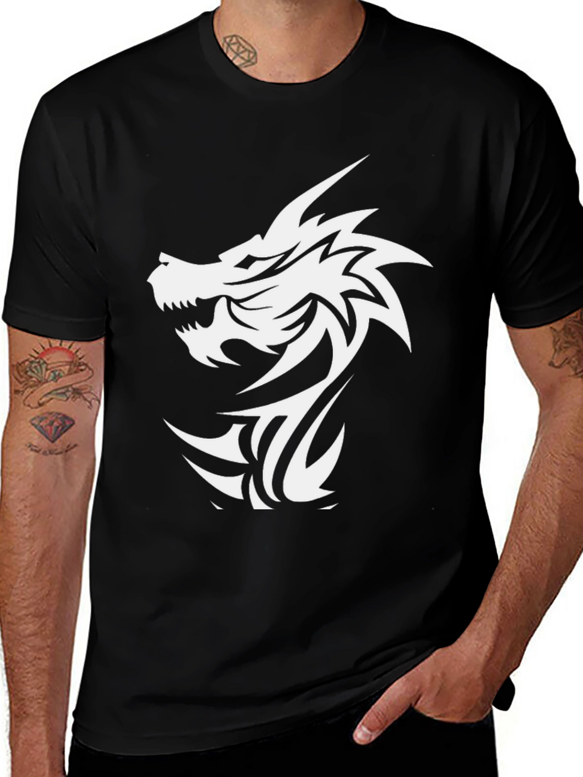 Dragon Graphic Black T-Shirt - Bold Tribal Design