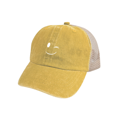 Wink Smiley Yellow Washed Mesh Trucker Hat, Playful Retro Summer Distressed Mesh Cap