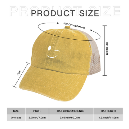Wink Smiley Yellow Washed Mesh Trucker Hat, Playful Retro Summer Distressed Mesh Cap